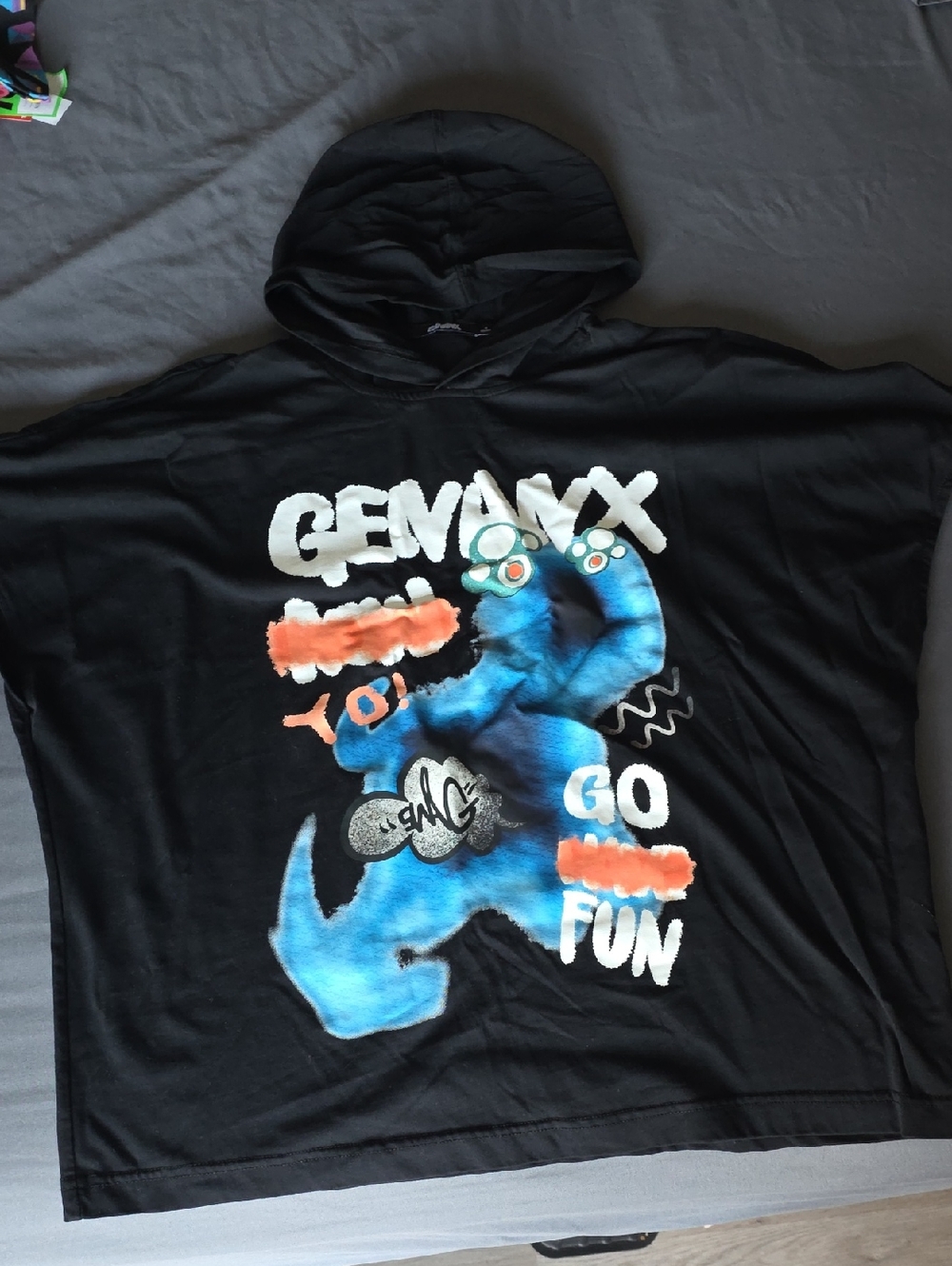 Black Hoodie T-Shirt with Blue Graphic Print